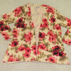 J Jill Women's Small Tan with Poppies Long Cardigan